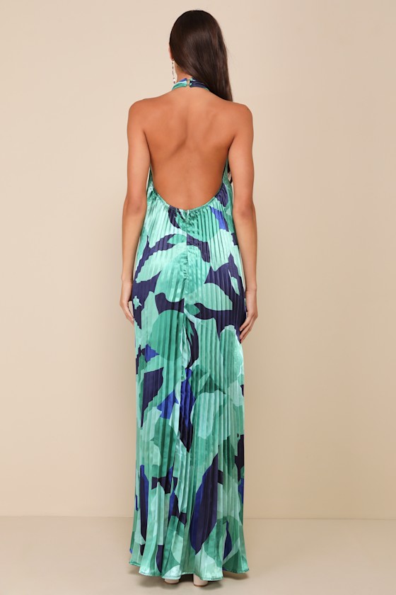 Shop Lulus Prime Poise Green And Blue Abstract Satin Halter Maxi Dress