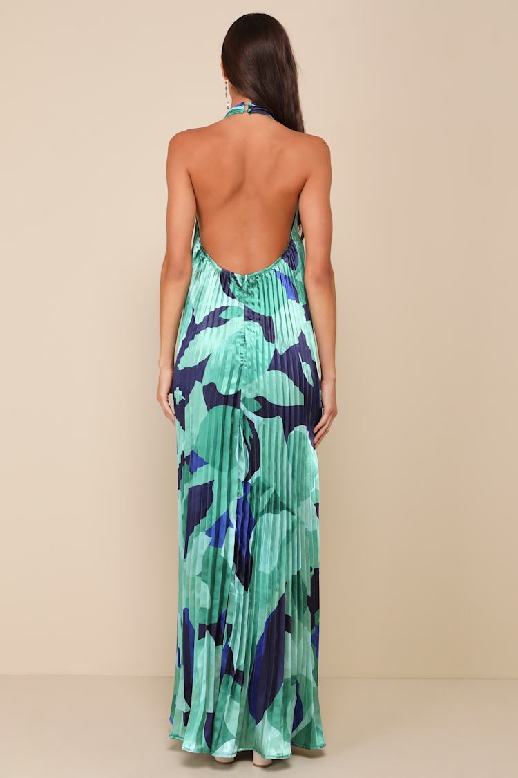 Prime Poise Green and Blue Abstract Satin Halter Maxi Dress