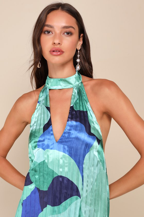 Shop Lulus Prime Poise Green And Blue Abstract Satin Halter Maxi Dress