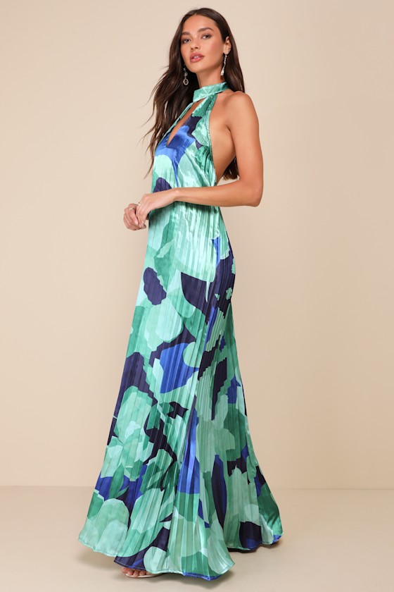 Shop Lulus Prime Poise Green And Blue Abstract Satin Halter Maxi Dress