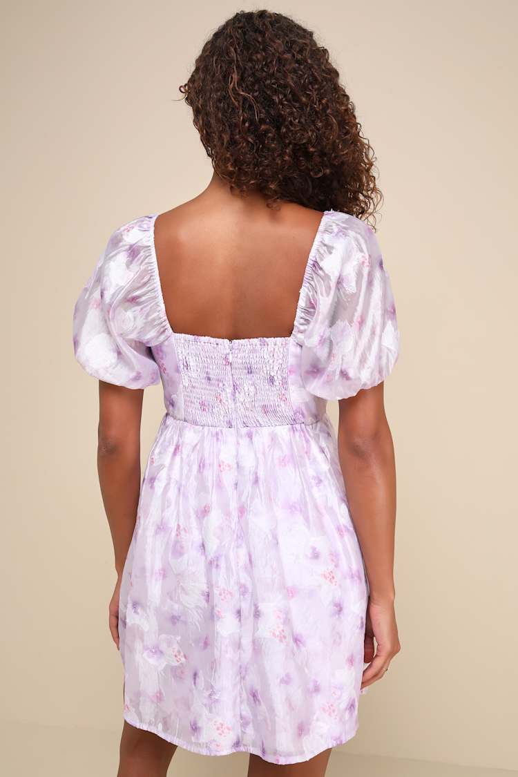 Darling Behavior Lavender Floral Burnout Puff Sleeve Mini Dress