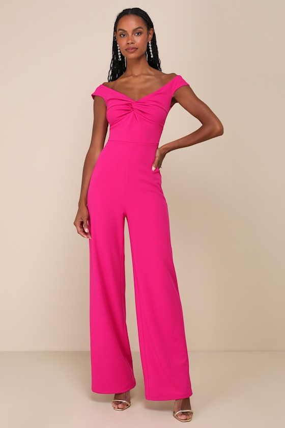 LULUS STUNNING EXISTENCE MAGENTA OFF-THE-SHOULDER KNOT-FRONT JUMPSUIT 