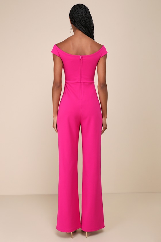 LULUS STUNNING EXISTENCE MAGENTA OFF-THE-SHOULDER KNOT-FRONT JUMPSUIT 