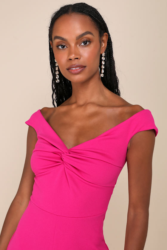 LULUS STUNNING EXISTENCE MAGENTA OFF-THE-SHOULDER KNOT-FRONT JUMPSUIT 