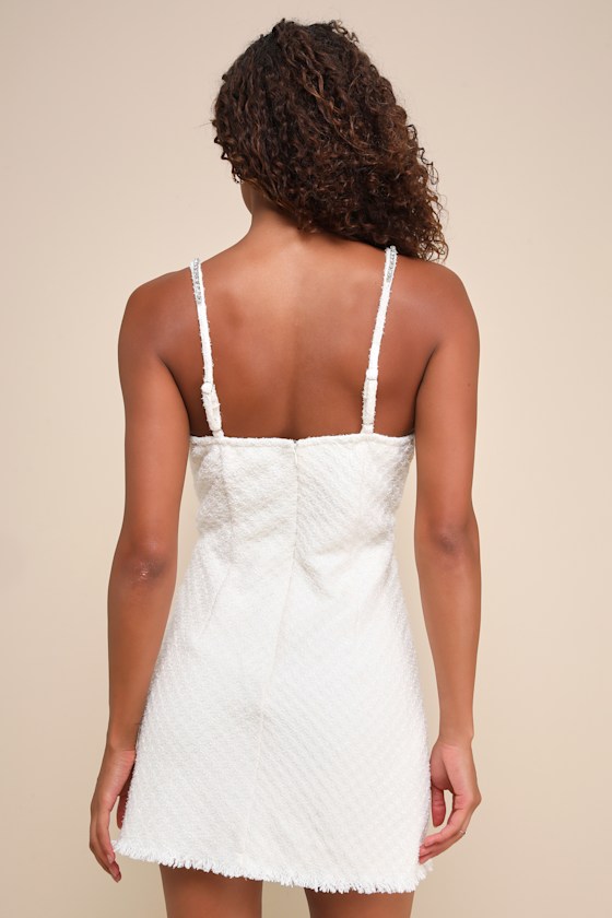 Lulus Enviable Poise Cream Boucle Lurex Rhinestone Strap Mini Dress In White