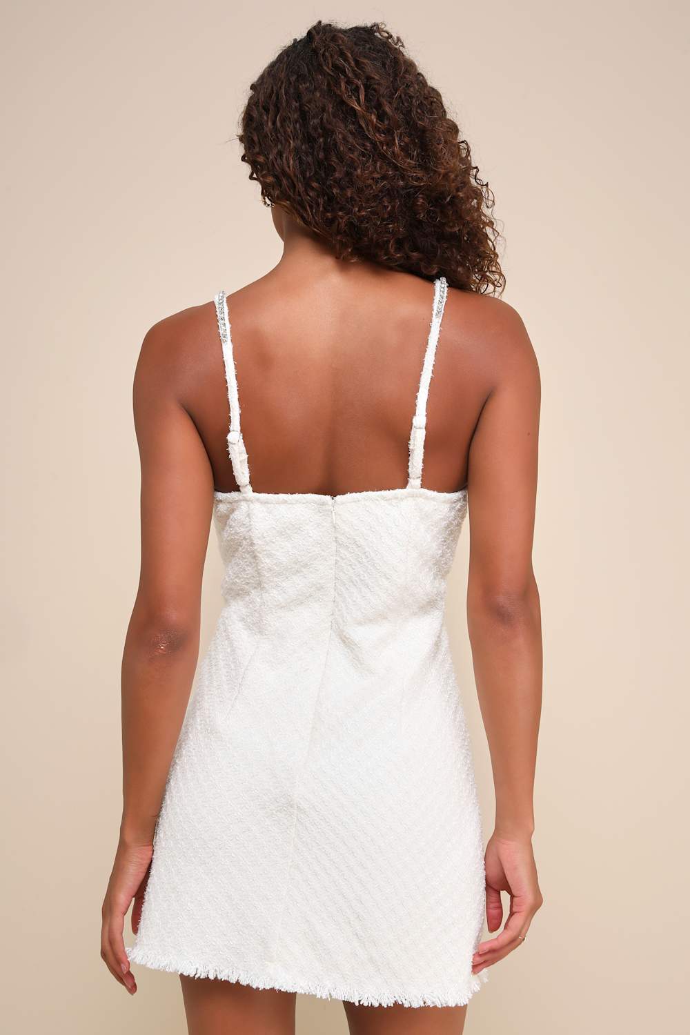 Enviable Poise Cream Boucle Lurex Rhinestone Strap Mini Dress