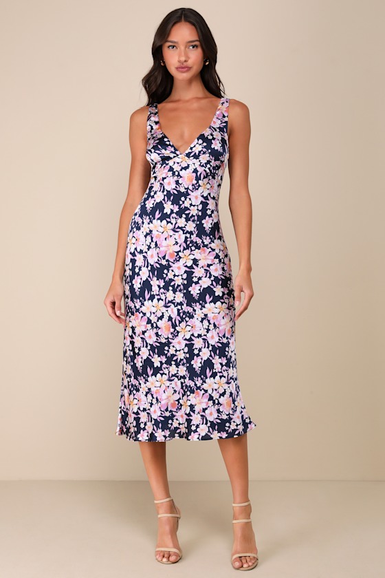 Shop Lulus Admirable Charmer Navy Blue Floral Satin Tie-back Midi Dress