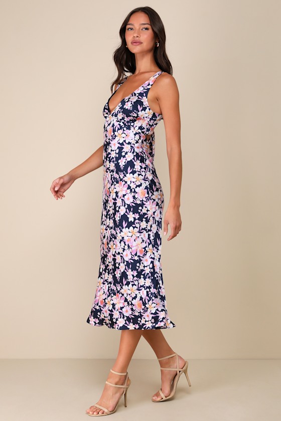 Shop Lulus Admirable Charmer Navy Blue Floral Satin Tie-back Midi Dress