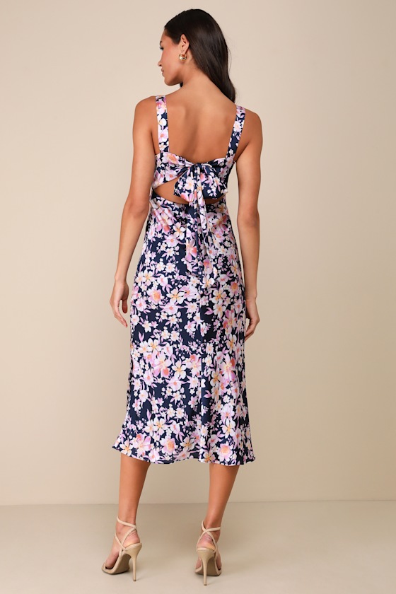 Shop Lulus Admirable Charmer Navy Blue Floral Satin Tie-back Midi Dress