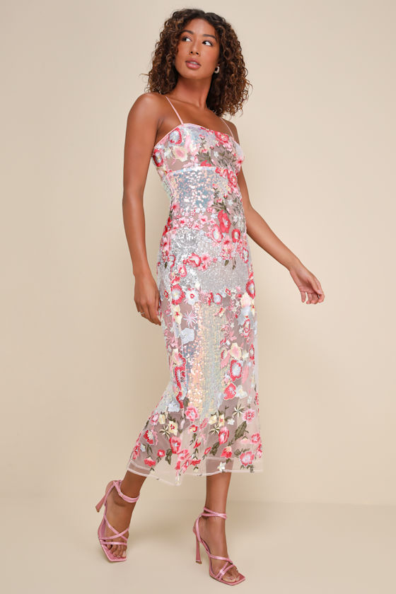 Stunning Impact Pink Sheer Embroidered Floral Sequin Midi Dress 2
