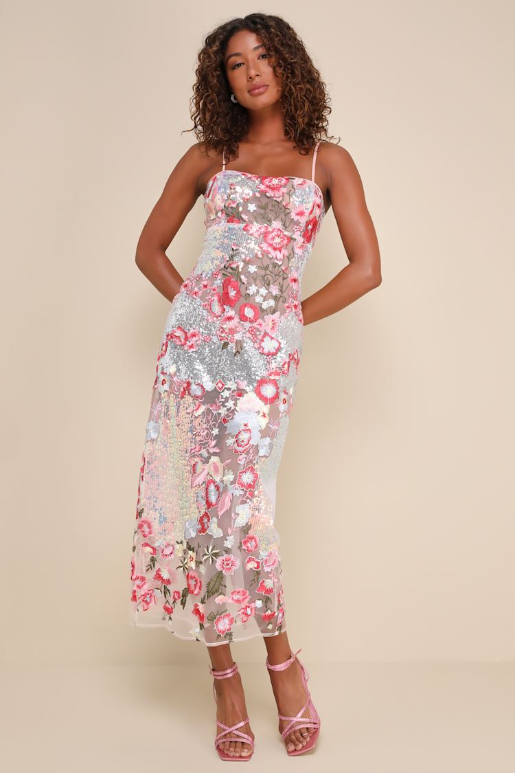 Pink Sheer Dress - Embroidered Floral Dress - Sequin Midi Dress - Lulus