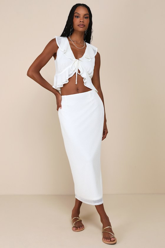 Ivory Mesh Dress - Ruffled Two-Piece Dress - Tie-Front Midi Dress - Lulus
