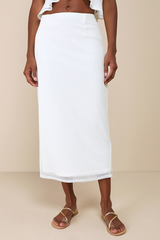 LULUS ENVIABLE EFFECT IVORY MESH RUFFLED TWO-PIECE MIDI DRESS