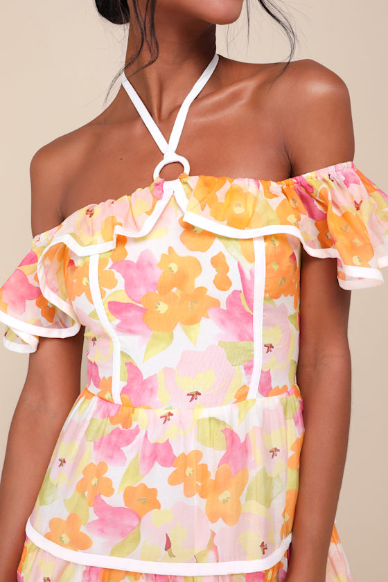 Lulus Cutest Instinct Ivory Floral Halter Cold-shoulder Mini Dress In Ivory