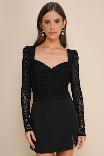 Enticing Presence Black Lace Ruched Backless Long Sleeve Top 1