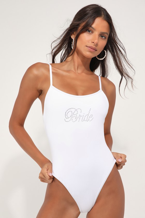Star White Scoop Neck Bride Rhinestone One-Piece Swimsuit 1