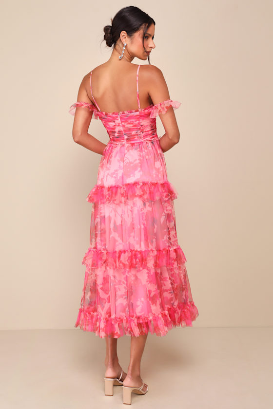 Pink Floral Mesh Dress - Floral Midi Dress - Pleated Midi