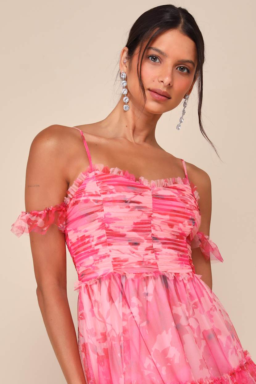 Pink Floral Mesh Dress - Floral Midi Dress - Pleated Midi Dress 