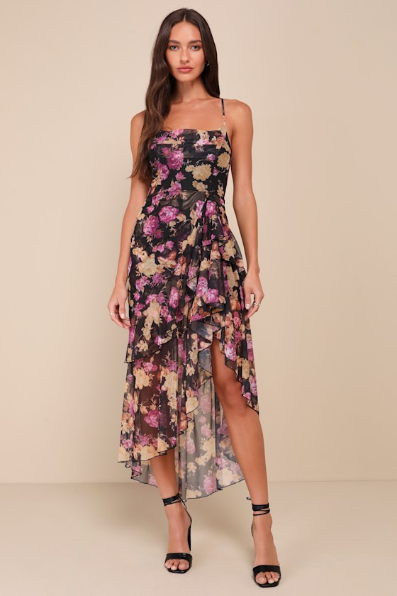 Lulus Undeniably Gorgeous Black Floral Ruffled Lace-up High-low Dress In Black