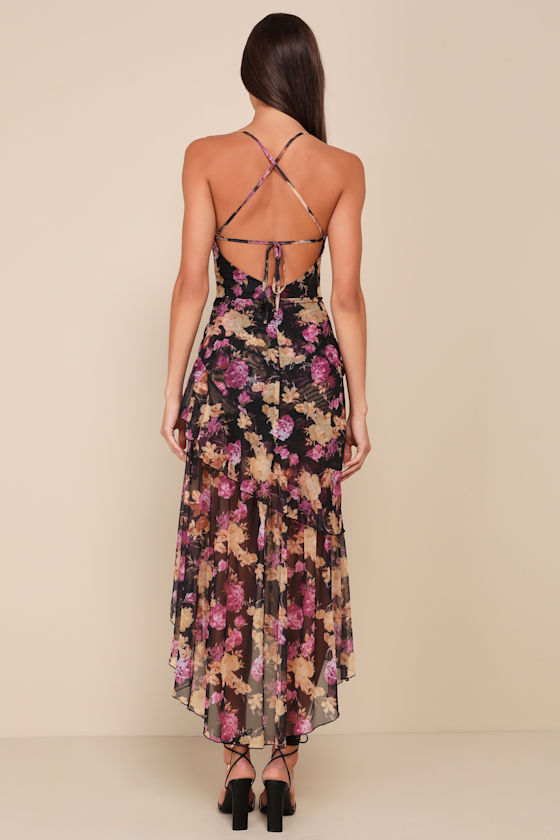 Black Floral Mesh Dress - Ruffled High-Low Dress - Lace-Up Dress - Lulus