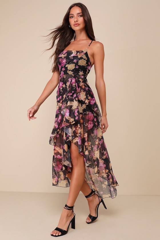 Lulus Undeniably Gorgeous Black Floral Ruffled Lace-up High-low Dress In Black