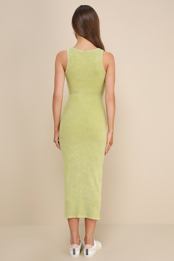 Memorable Instinct Lime Green Washed Ribbed Paneled Midi Dress