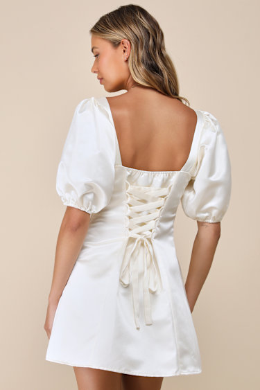 Champagne Mini Dress Satin Mini Dress Puff Sleeve Mini Dress