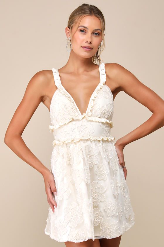 Cream Mini Dress - Mesh Embroidered Dress - Ruffled Lace-Up Cream Mini Dress - Mesh Embroidered Dress - Ruffled Lace-Up
