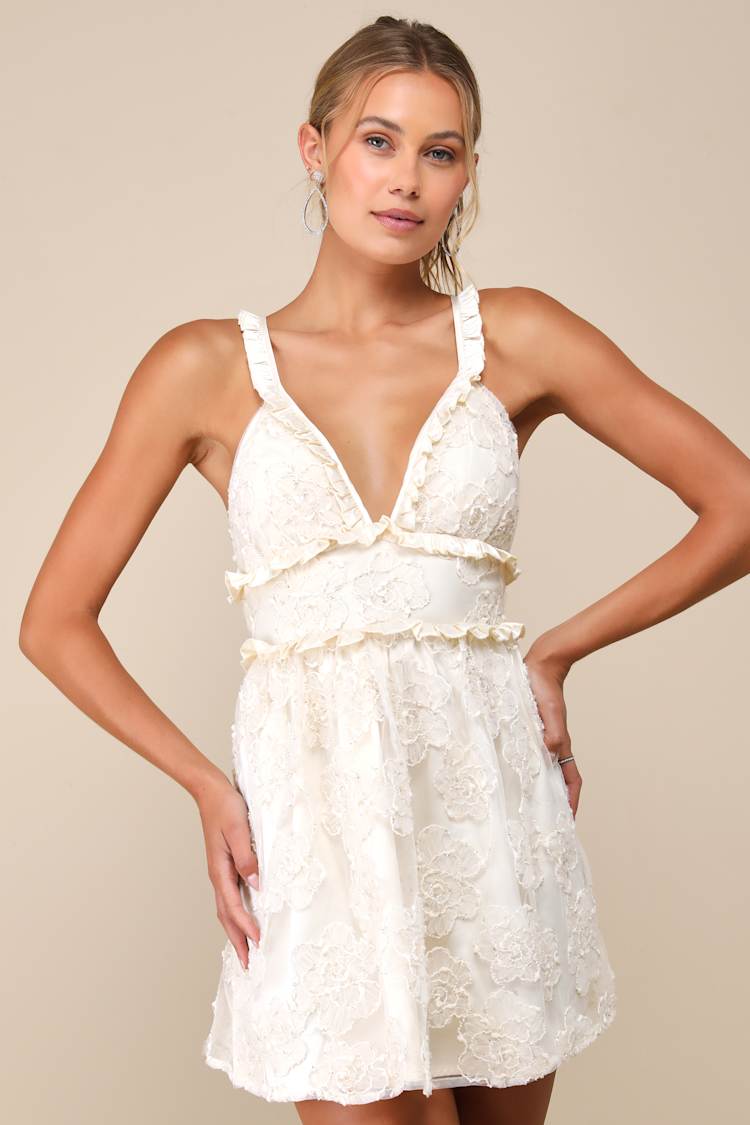 embroidered ruffle mini dress White Floral Embroidered Off Shoulder Ruffle Cut Out Tie Up Mini Dress Medium main image 1