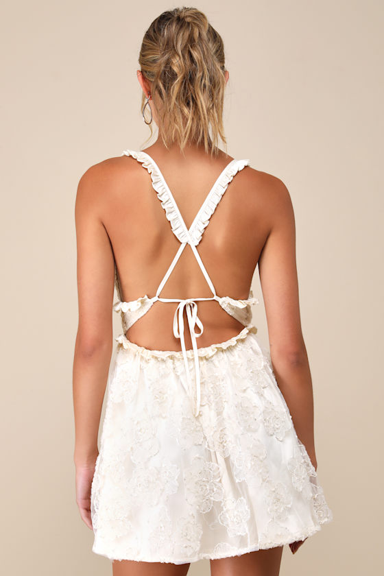 Lulus Delightfully Precious Cream Mesh Embroidered Ruffled Mini Dress In White