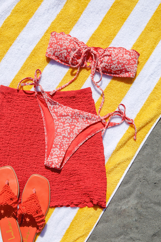 Red Recycled Fabric Jacquard Low Rise Bikini Bottom Cheeky Swim Boyshorts