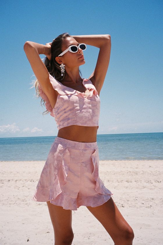 Light Pink Shorts - Satin Jacquard Shorts - Ruffled Shorts - Lulus