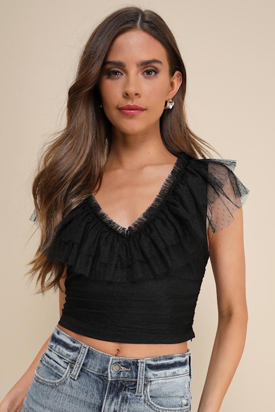Layed Ruffed Crop Top Black Mesh Top - Dotted Mesh Top - Black Crop Top - Ruffle Top - Lulus