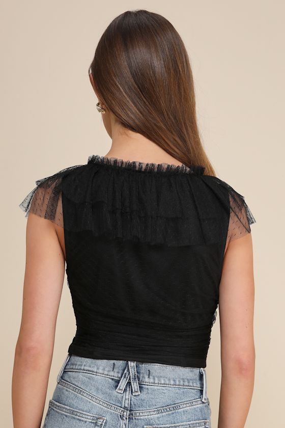 Lulus Delightful Destiny Black Mesh Dot Ruffled Crop Top In Black