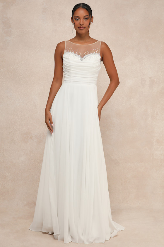 Lulus Legendary Love White Beaded Illusion Maxi Dress In White