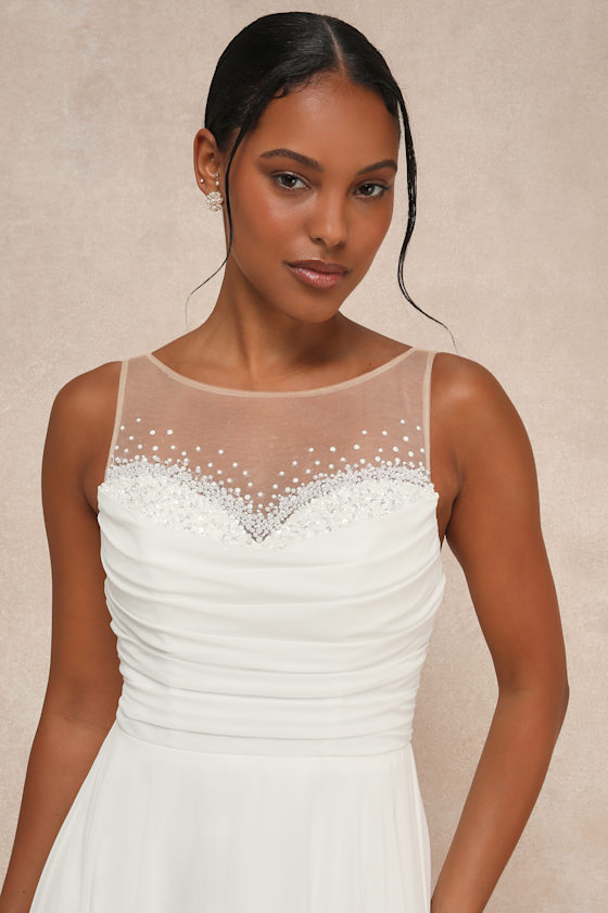 Lulus Legendary Love White Beaded Illusion Maxi Dress In White