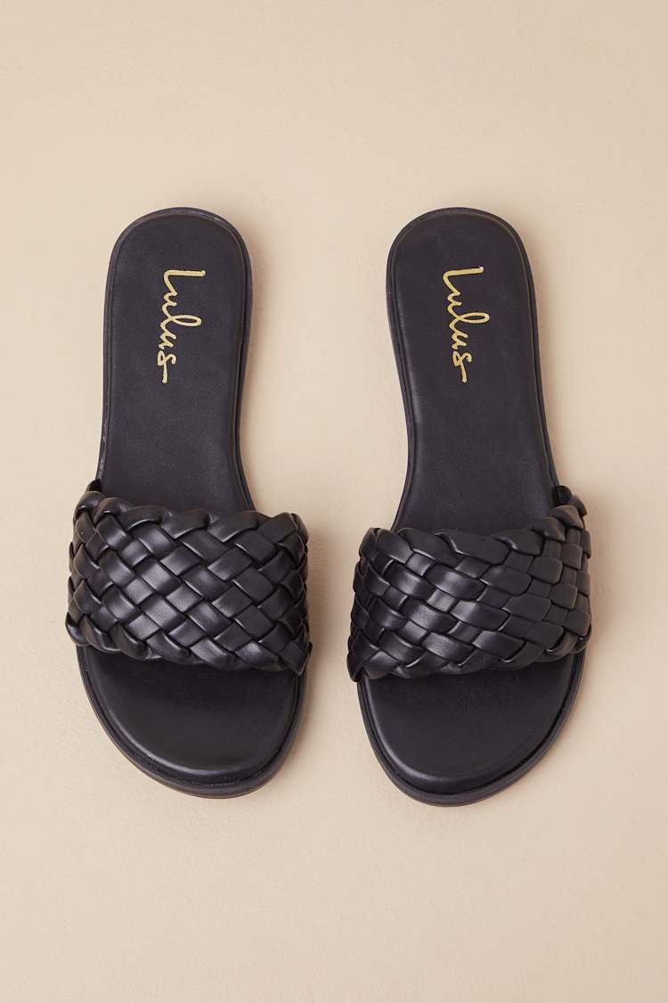 Black Slide Sandals - Woven Slide Sandals - Flat Slide  display picture 1