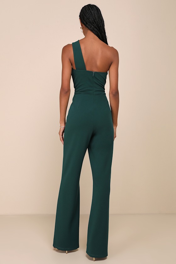 Lulus Devoted To Fun Hunter Green One-shoulder Sleeveless Jumpsuit In Green