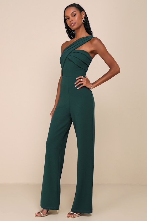 Lulus Devoted To Fun Hunter Green One-shoulder Sleeveless Jumpsuit In Green