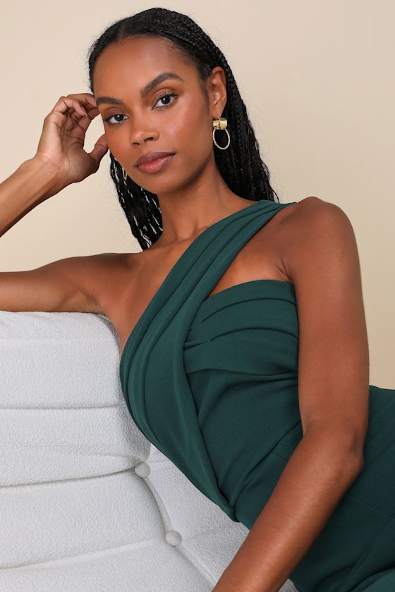 Lulus Devoted To Fun Hunter Green One-shoulder Sleeveless Jumpsuit In Green