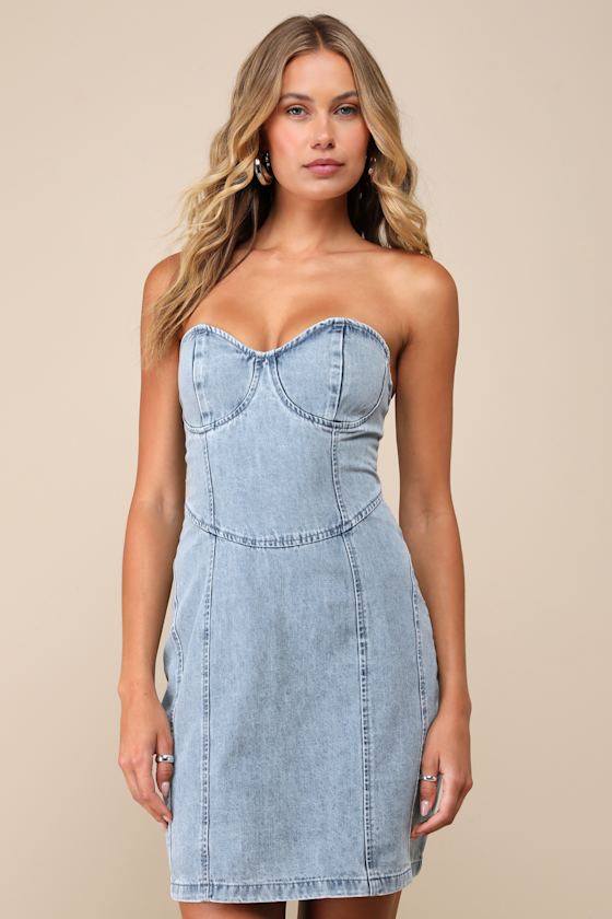 Lulus Trending Take Light Wash Denim Strapless Bustier Mini Dress In Blue