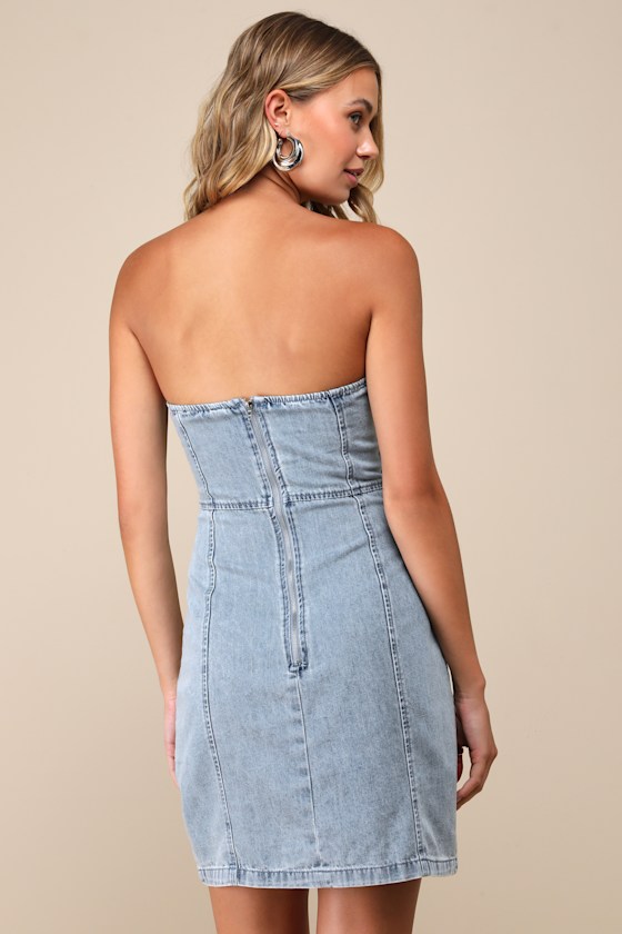 Lulus Trending Take Light Wash Denim Strapless Bustier Mini Dress In Blue
