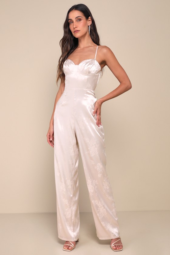 Sincerely Sensational Cream Satin Jacquard Lace Up Jumpsuit