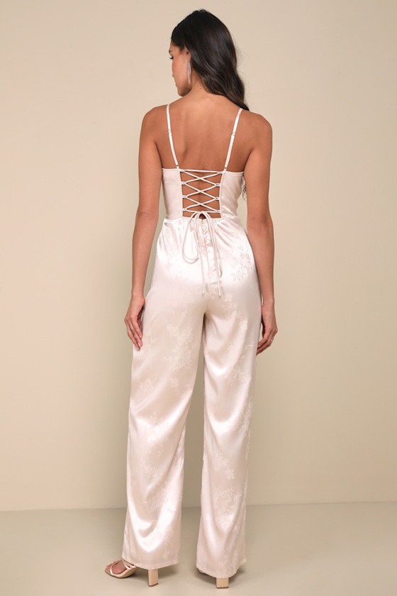 LULUS SINCERELY SENSATIONAL CREAM SATIN JACQUARD LACE-UP JUMPSUIT