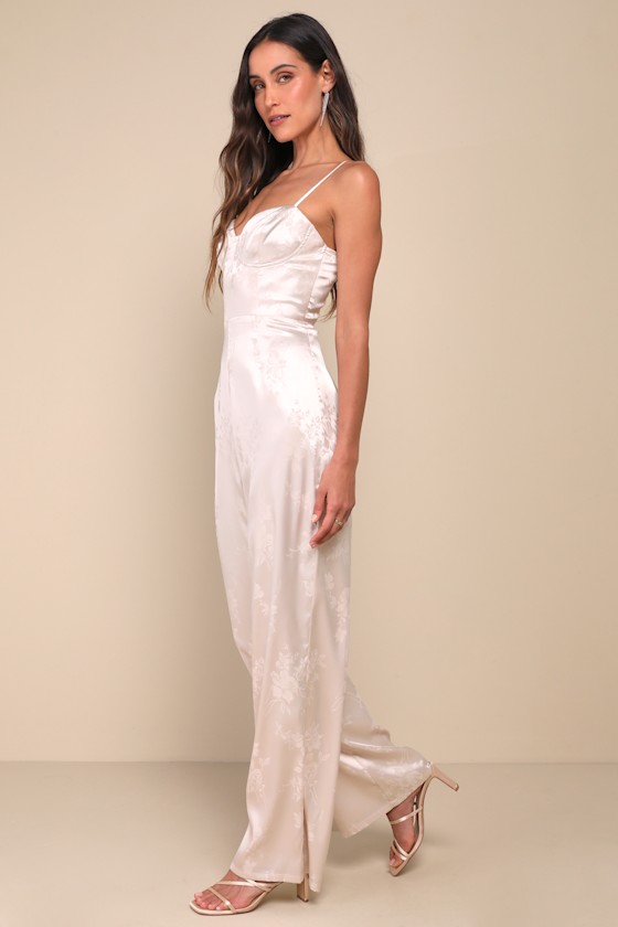 LULUS SINCERELY SENSATIONAL CREAM SATIN JACQUARD LACE-UP JUMPSUIT