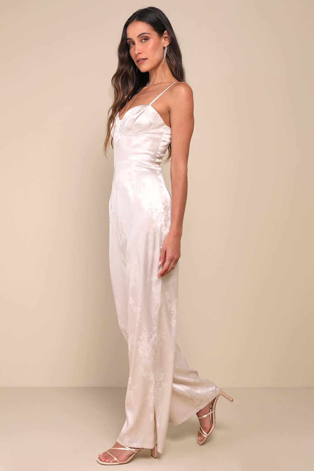 Sincerely Sensational Cream Satin Jacquard Lace-Up Jumpsuit