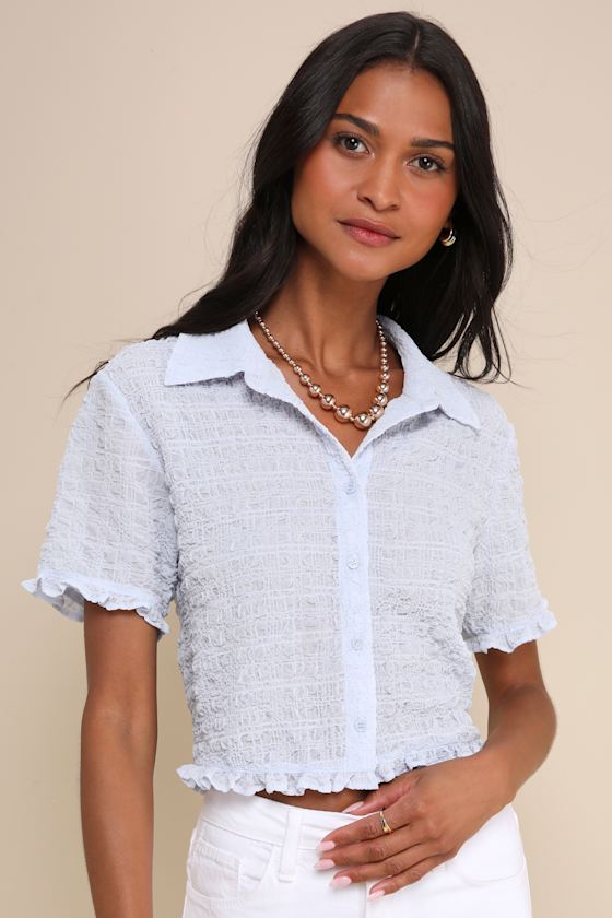 LULUS PLAYFUL IMPRESSION LIGHT BLUE TEXTURED BUTTON-UP COLLARED TOP