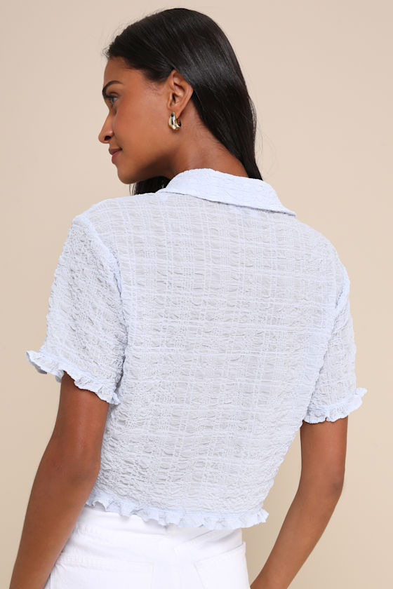LULUS PLAYFUL IMPRESSION LIGHT BLUE TEXTURED BUTTON-UP COLLARED TOP