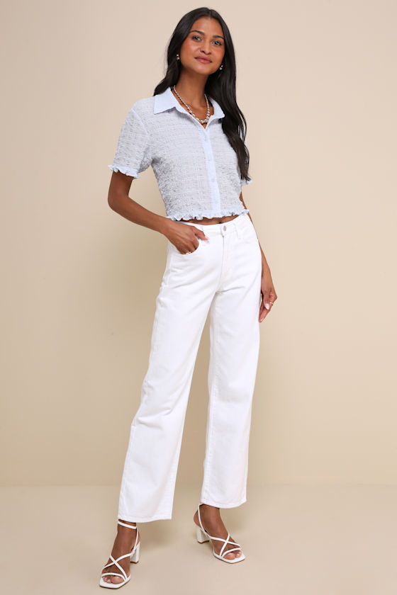 LULUS PLAYFUL IMPRESSION LIGHT BLUE TEXTURED BUTTON-UP COLLARED TOP