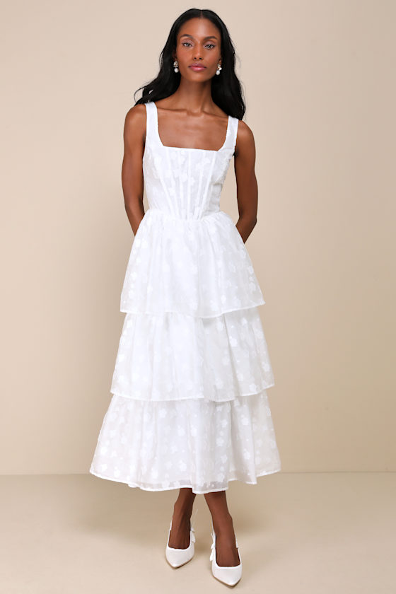 Lulus Sweet Potential White Floral Burnout Bustier Tiered Midi Dress In White